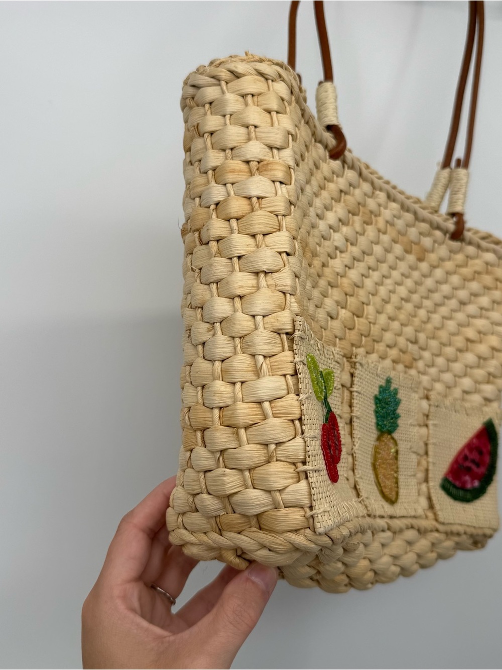 Unbranded Straw Tote Bag Fruit Print Beaded Gingham Boho Cherry Vacation - Picture 3 of 16